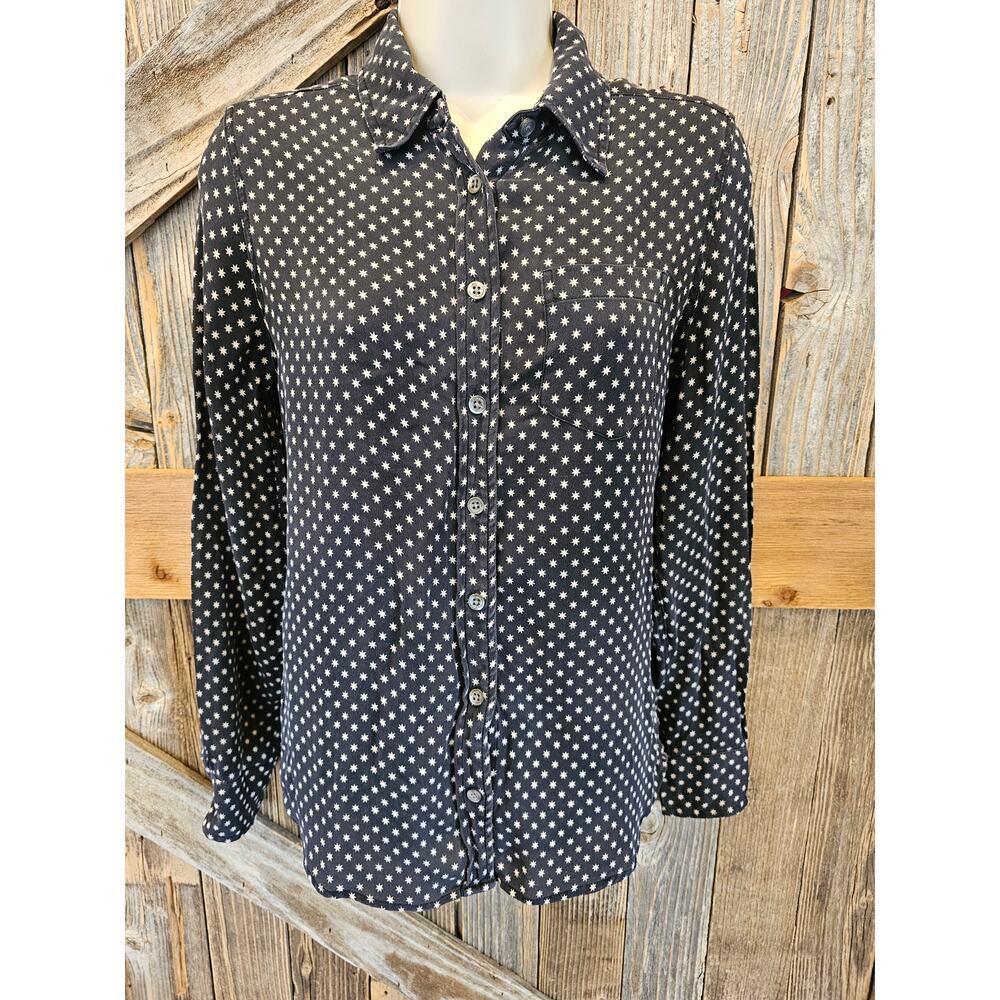 Equipment size XS 100% silk white black stars all over long sleeve lightweight _